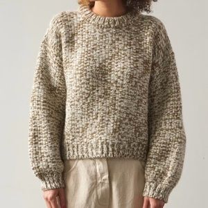 Micaela Greg alpaca wool sweater with balloon sleeves, size Large, olive & cream